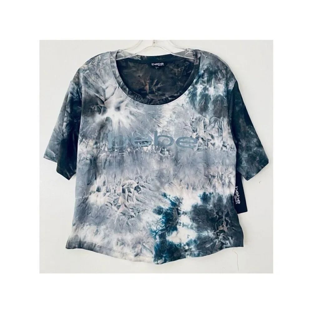 NWT bebe sport M Grey Blue Tie Dye Moisture Control Stretch Short Sleeve T-Shirt